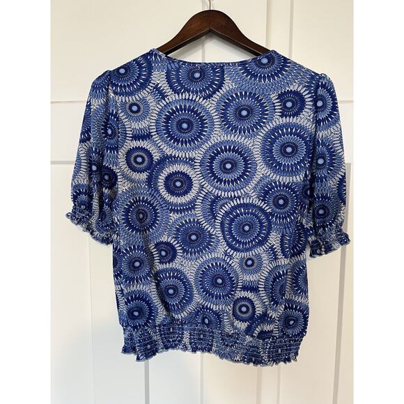 Melloday Women's Smocked Wrap Top Blue Floral Large - Picture 6 of 9